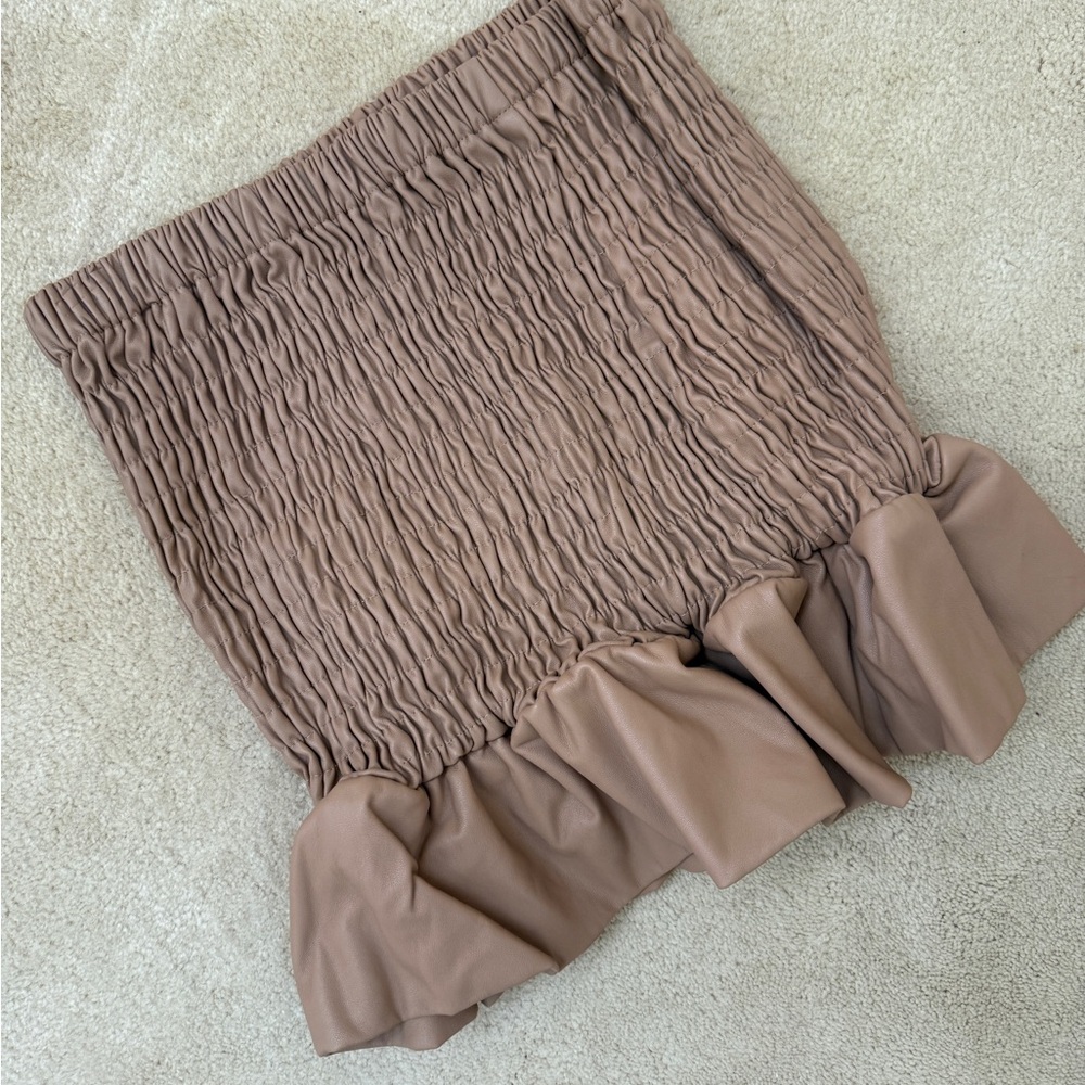 Elegant Scrunched Stretch Smocked Tan Ruffled Mini Skirt